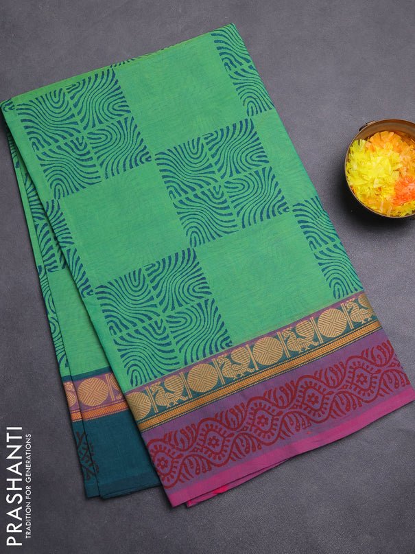 Chettinad cotton saree green shade with allover block prints and ganga jamuna border