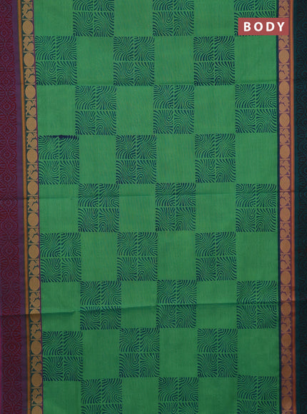 Chettinad cotton saree green shade with allover block prints and ganga jamuna border