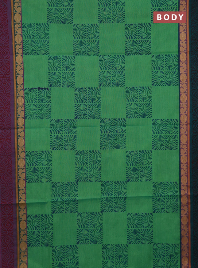 Chettinad cotton saree green shade with allover block prints and ganga jamuna border
