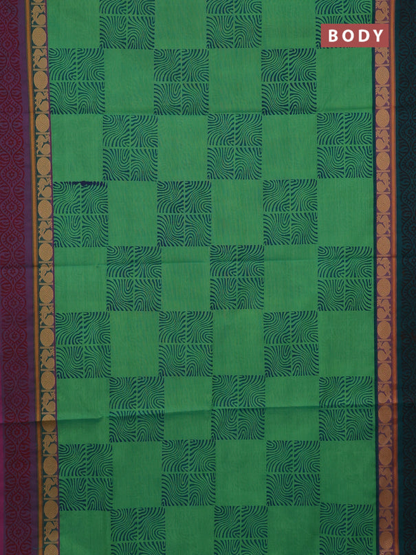 Chettinad cotton saree green shade with allover block prints and ganga jamuna border