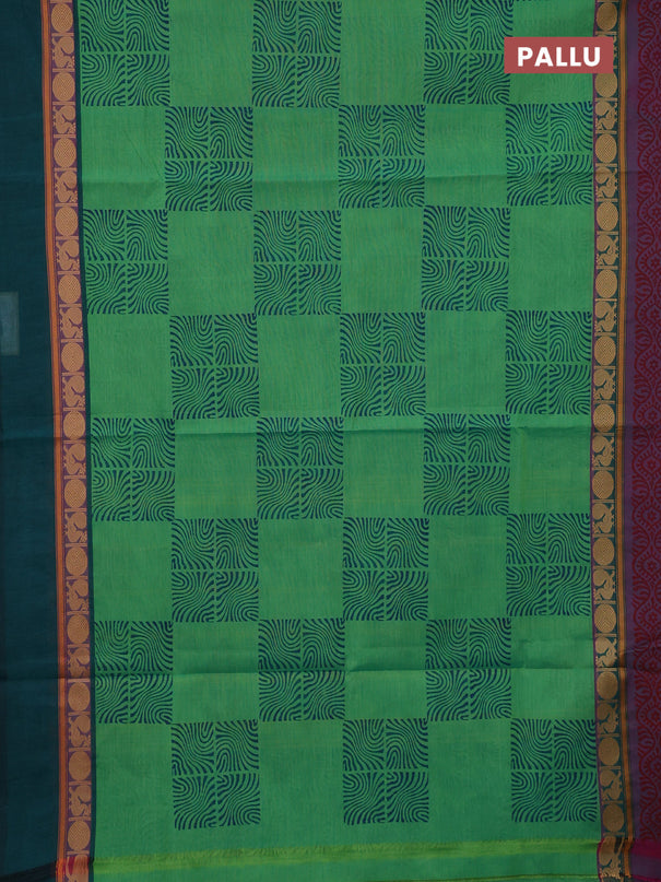 Chettinad cotton saree green shade with allover block prints and ganga jamuna border