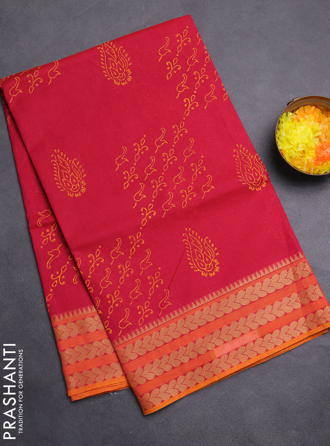 Chettinad cotton saree pink shade and mustard yellow with allover butta prints and thread woven border