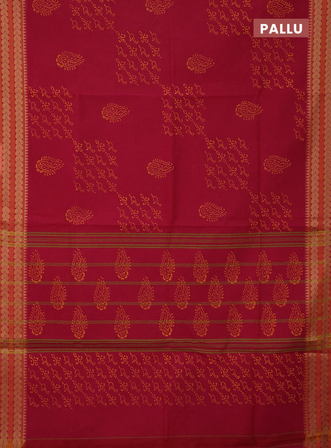 Chettinad cotton saree pink shade and mustard yellow with allover butta prints and thread woven border