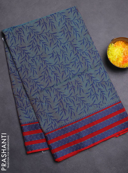 Chettinad cotton saree teal green shade and red with allover block prints and thread woven border