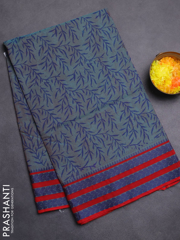 Chettinad cotton saree teal green shade and red with allover block prints and thread woven border
