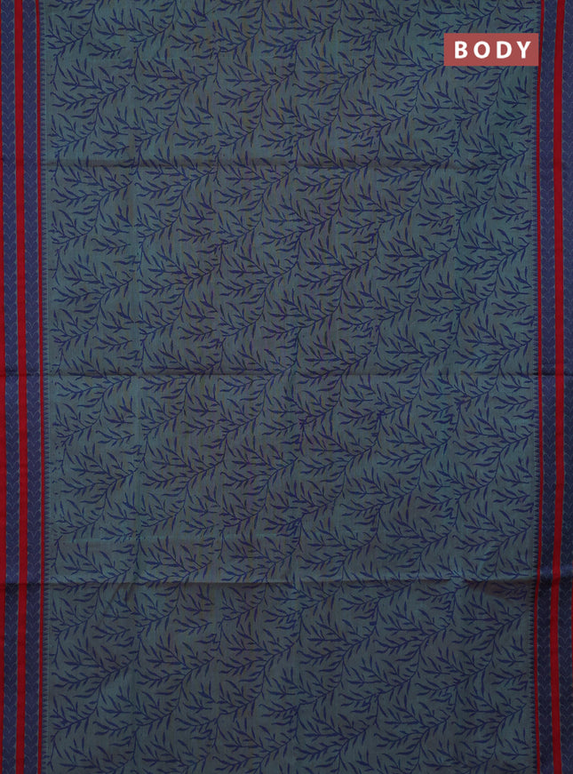 Chettinad cotton saree teal green shade and red with allover block prints and thread woven border