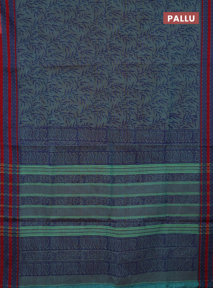 Chettinad cotton saree teal green shade and red with allover block prints and thread woven border