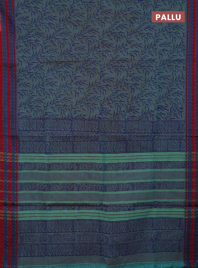 Chettinad cotton saree teal green shade and red with allover block prints and thread woven border