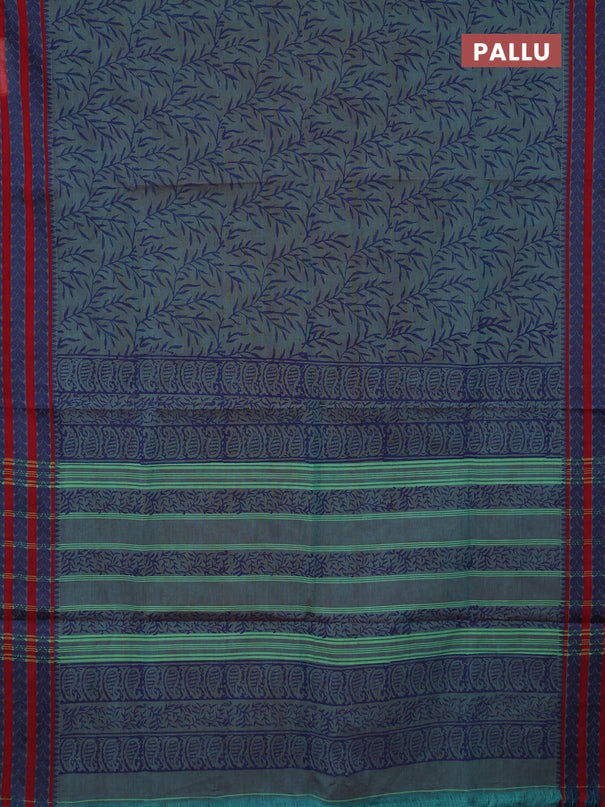 Chettinad cotton saree teal green shade and red with allover block prints and thread woven border