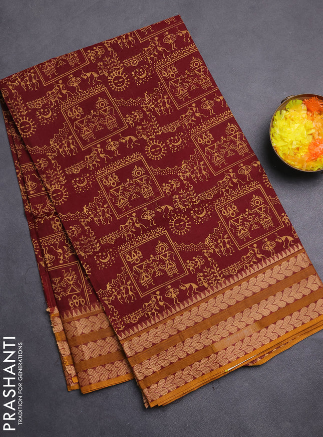 Chettinad cotton saree maroon and dark mustard with allover block prints and thread woven border