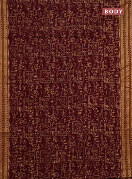 Chettinad cotton saree maroon and dark mustard with allover block prints and thread woven border