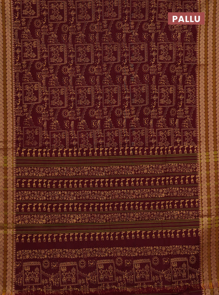Chettinad cotton saree maroon and dark mustard with allover block prints and thread woven border