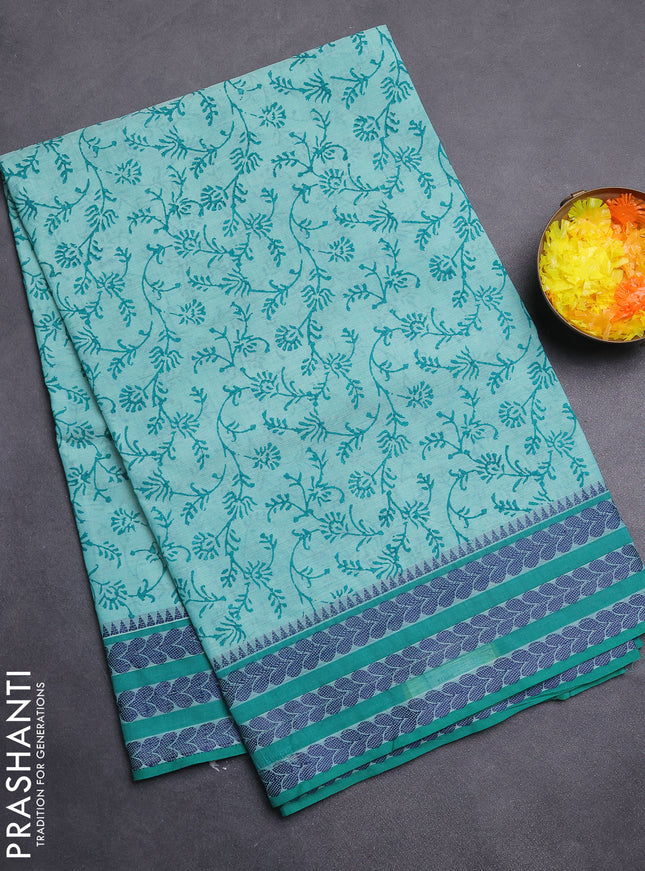 Chettinad cotton saree teal green shade with allover block prints and thread woven border