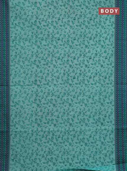 Chettinad cotton saree teal green shade with allover block prints and thread woven border