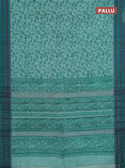 Chettinad cotton saree teal green shade with allover block prints and thread woven border