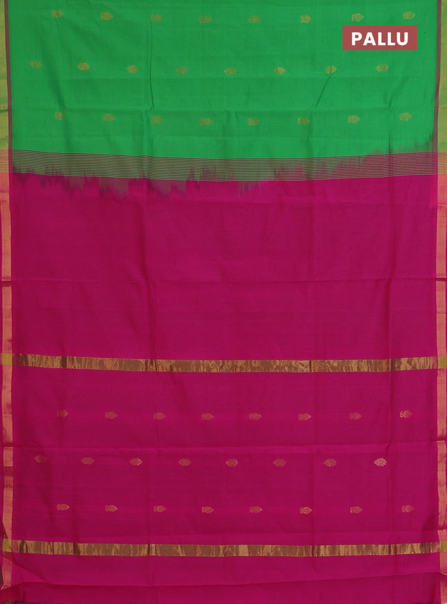 Semi silk cotton saree parrot green and pink with zari woven buttas and zari woven border