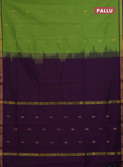 Semi silk cotton saree deep purple and light green with zari woven buttas and zari woven border