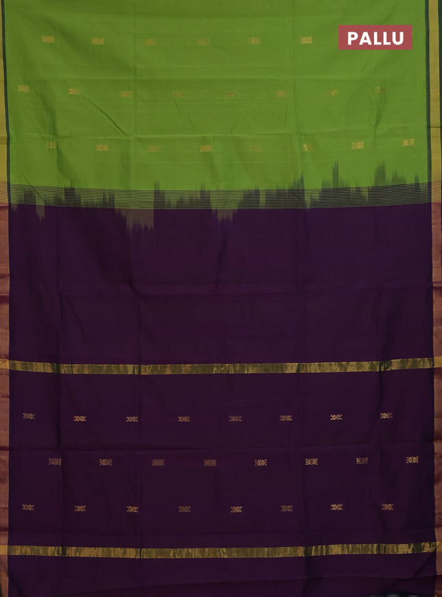 Semi silk cotton saree deep purple and light green with zari woven buttas and zari woven border