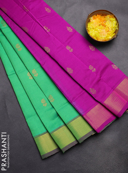 Semi silk cotton saree green and purple with zari woven buttas and zari woven border