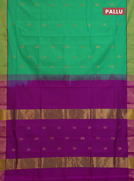 Semi silk cotton saree green and purple with zari woven buttas and zari woven border