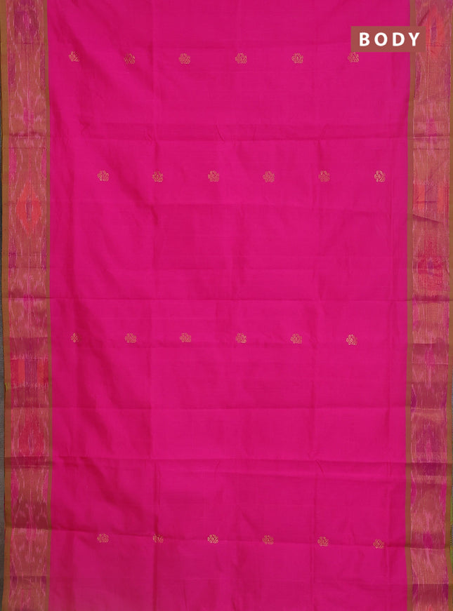 Semi silk cotton saree pink and light green with zari woven buttas and zari woven ikat style border