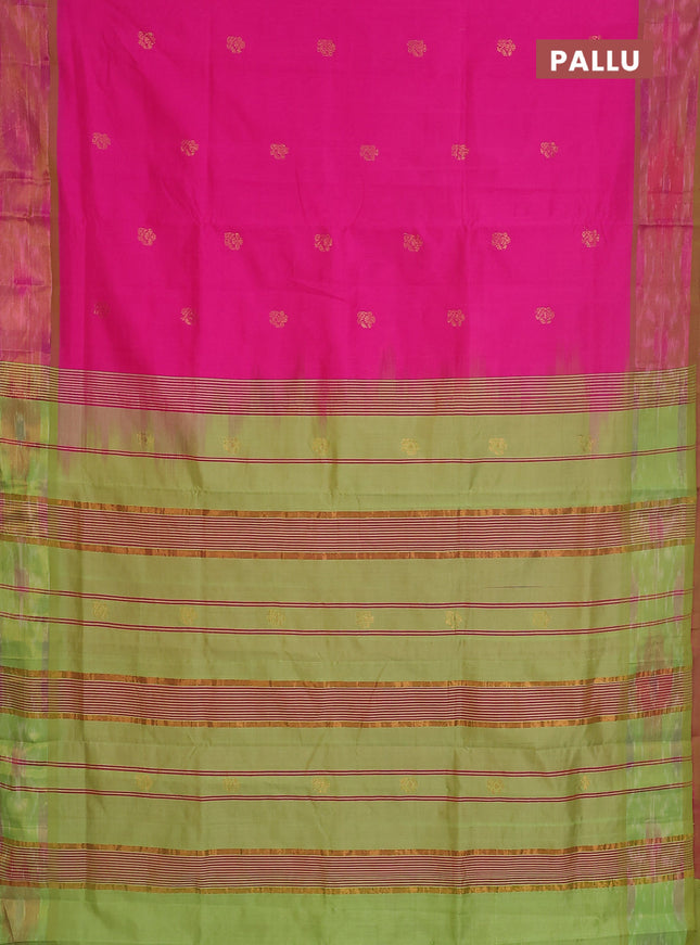 Semi silk cotton saree pink and light green with zari woven buttas and zari woven ikat style border