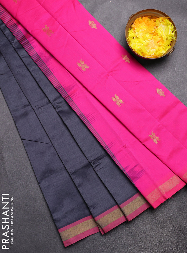Semi silk cotton saree dark grey and pink with zari woven buttas and zari woven border