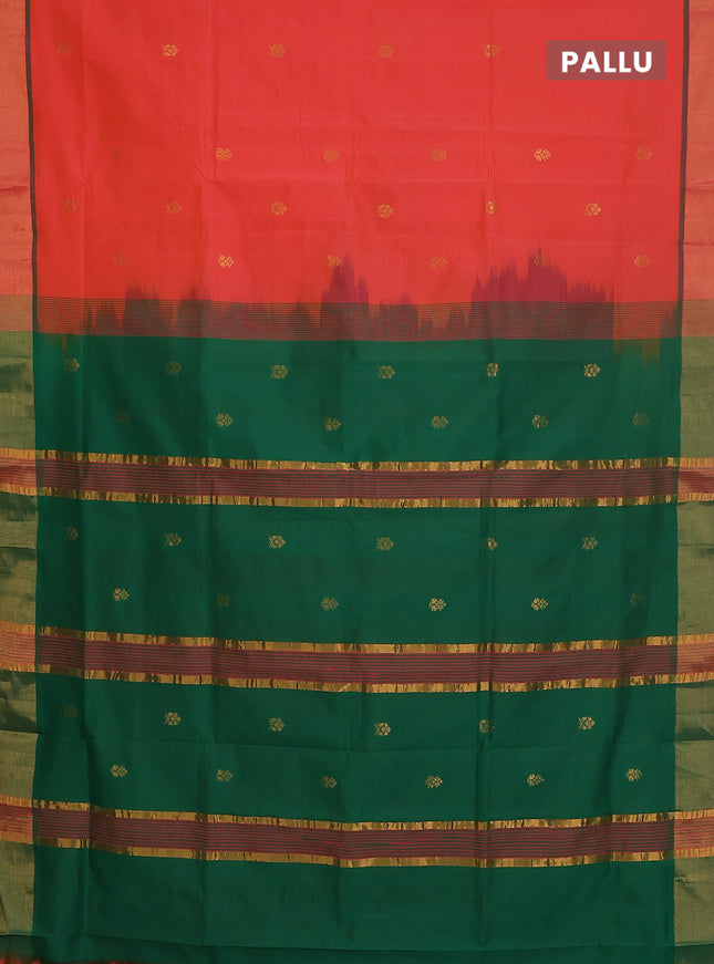 Semi silk cotton saree dual shade of peach orange and green with zari woven buttas and zari woven border