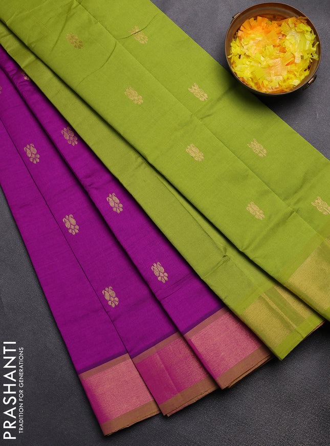 Semi silk cotton saree purple and light green with zari woven buttas and zari woven border