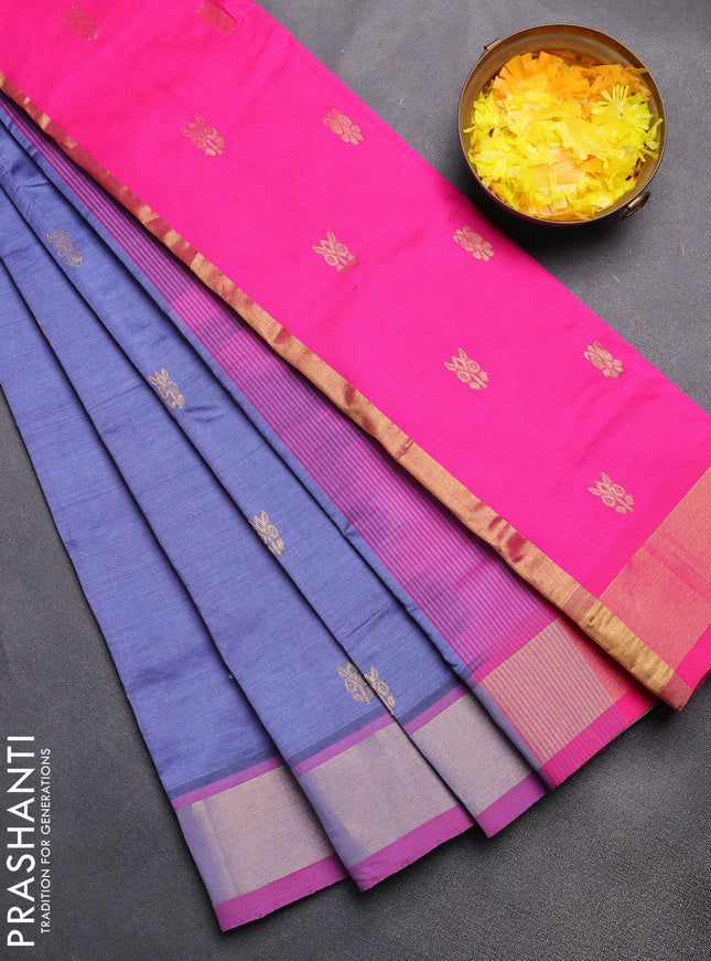 Semi silk cotton saree bluish grey and pink with zari woven buttas and zari woven border