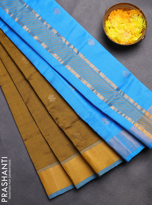 Semi silk cotton saree mehendi green and cs blue with zari woven buttas and zari woven border