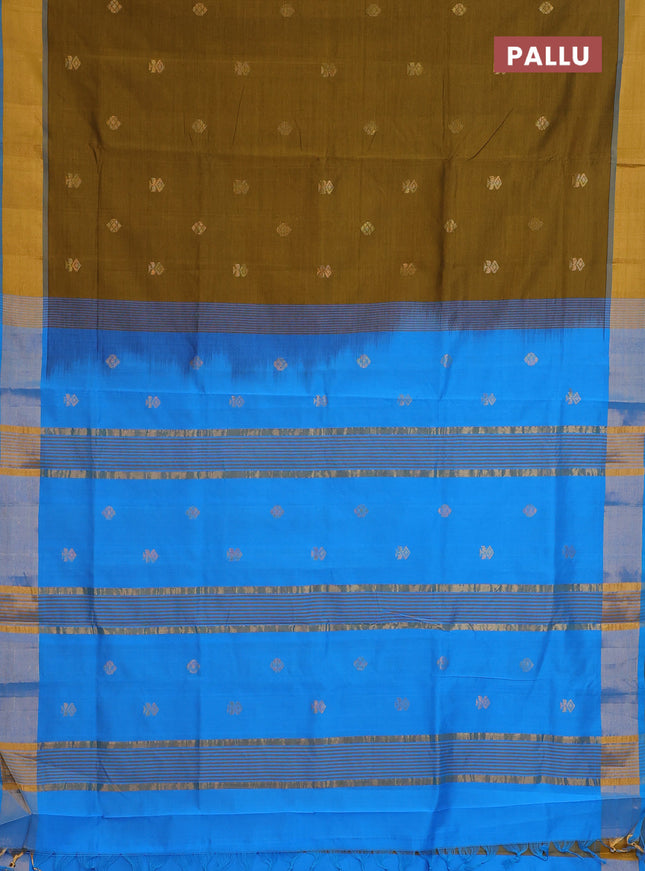 Semi silk cotton saree mehendi green and cs blue with zari woven buttas and zari woven border
