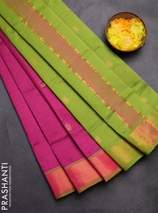Semi silk cotton saree purple and light green with zari woven buttas and zari woven border