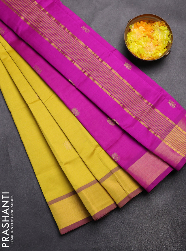 Semi silk cotton saree lime yellow and purple with zari woven buttas and zari woven border