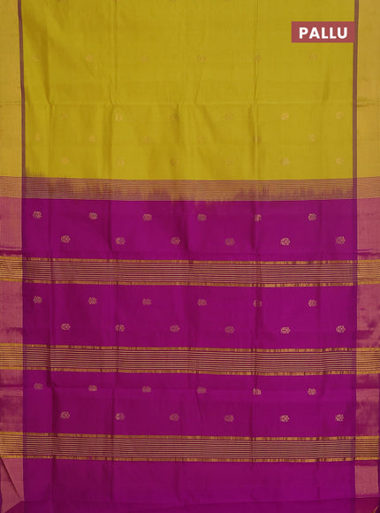 Semi silk cotton saree lime yellow and purple with zari woven buttas and zari woven border