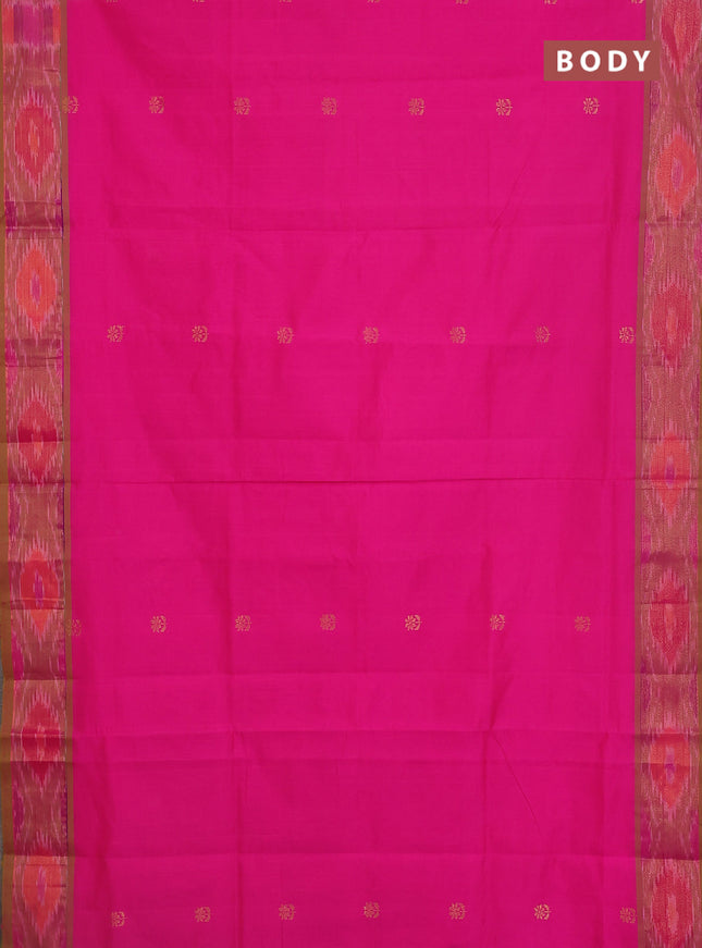 Semi silk cotton saree candy pink and light green with zari woven floral buttas and zari woven ikat style border