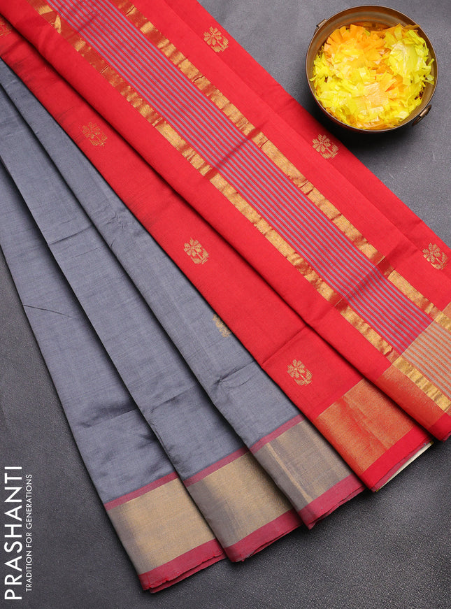 Semi silk cotton saree grey and red with zari woven buttas and zari woven border