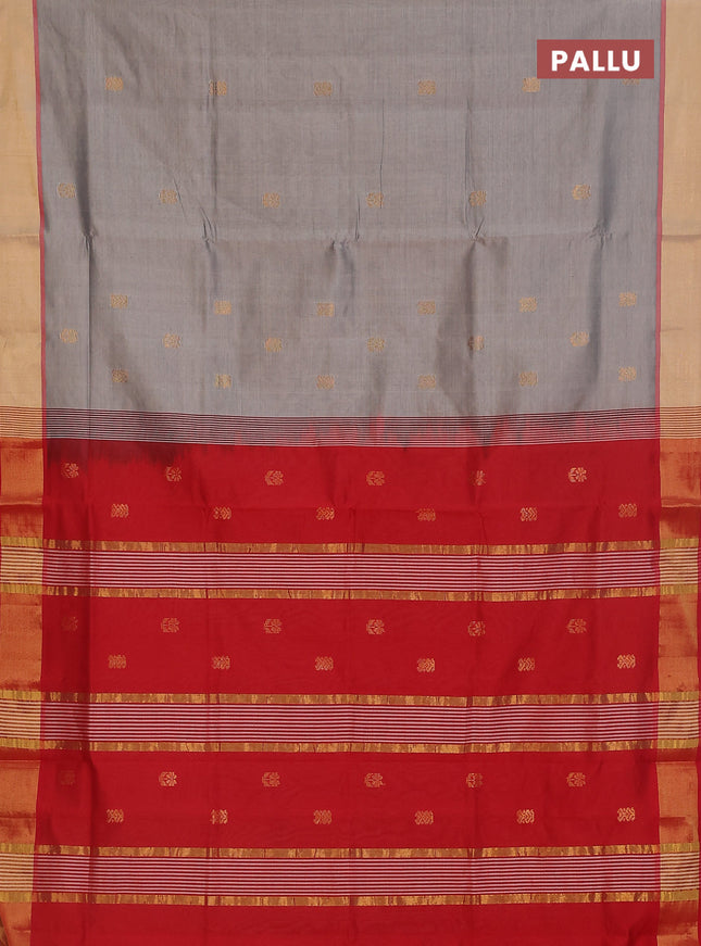 Semi silk cotton saree pastel grey and red with zari woven buttas and zari woven border