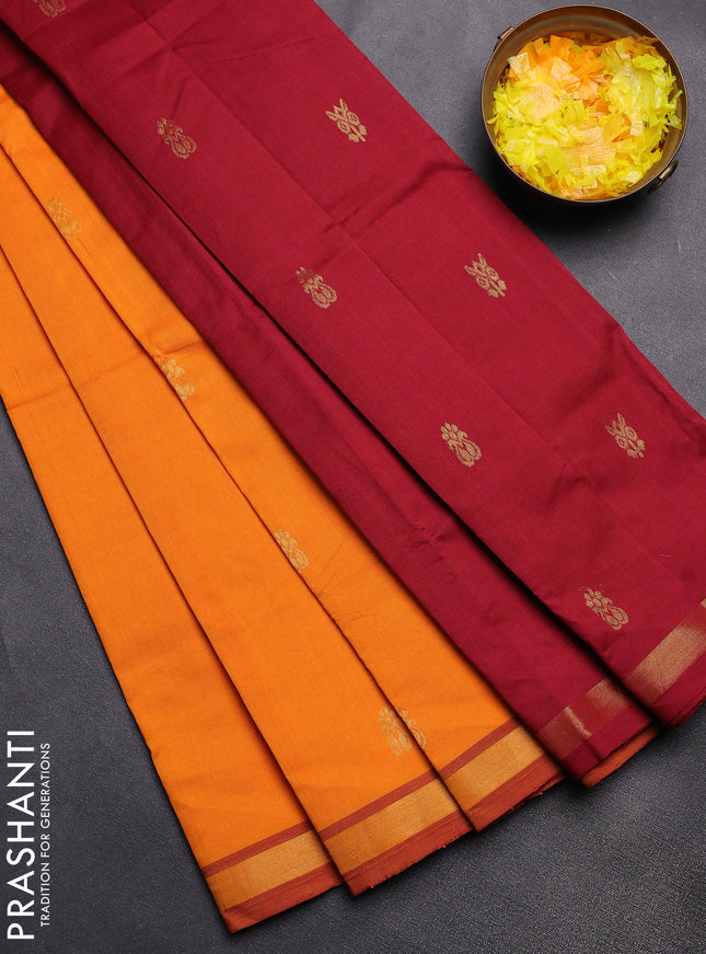 Semi silk cotton saree mango yellow and maroon with zari woven buttas and zari woven border