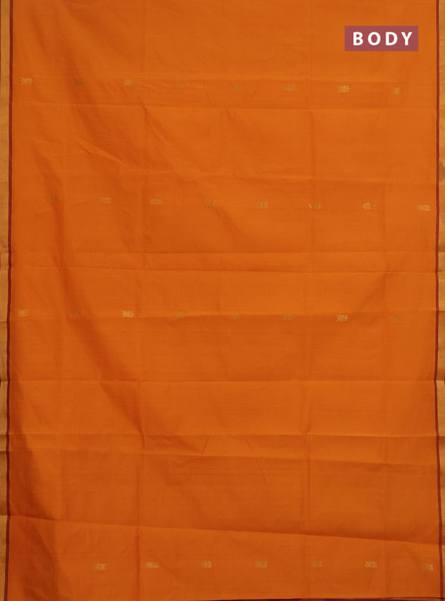 Semi silk cotton saree mango yellow and maroon with zari woven buttas and zari woven border