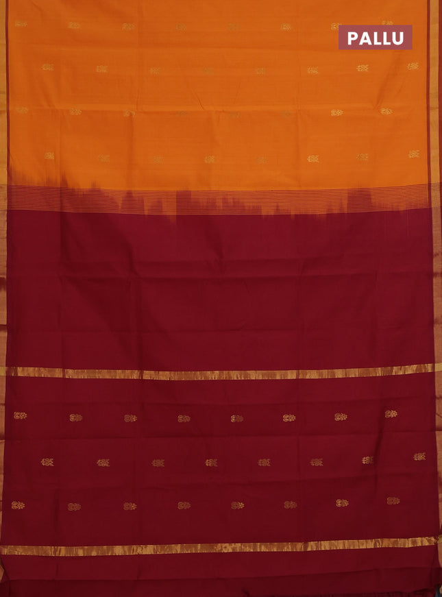 Semi silk cotton saree mango yellow and maroon with zari woven buttas and zari woven border