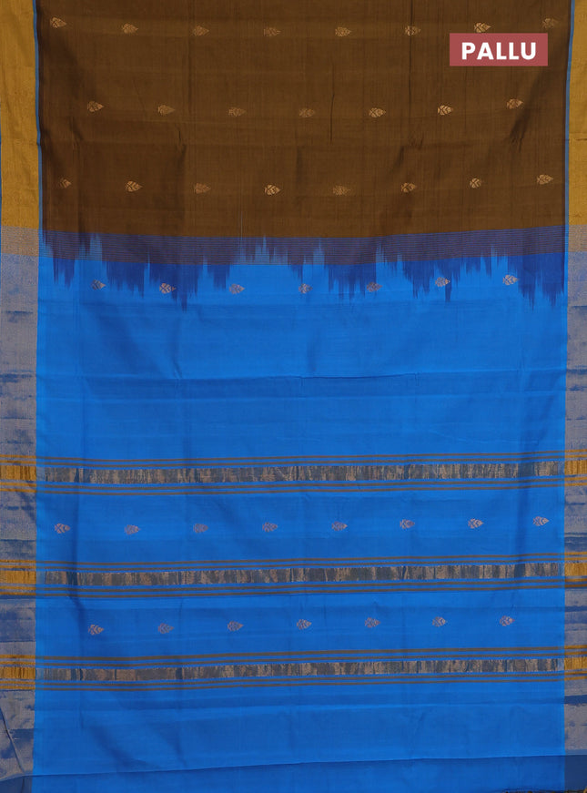 Semi silk cotton saree dark mehendi green and cs blue with zari woven buttas and zari woven border