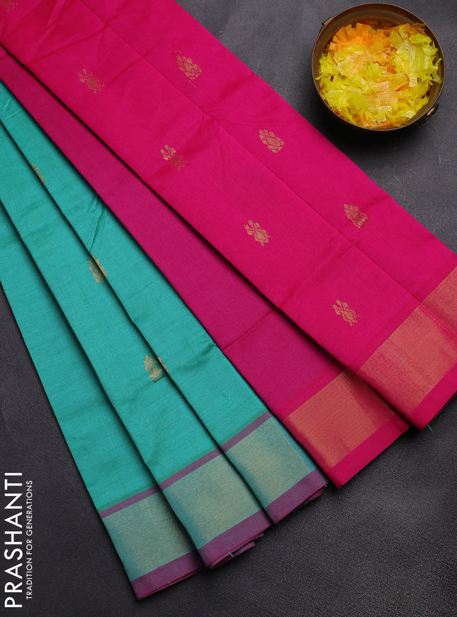 Semi silk cotton saree dual shade of teal green and pink with zari woven buttas and zari woven border