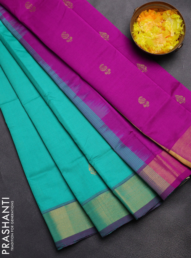 Semi silk cotton saree teal green and purple with zari woven buttas and zari woven border