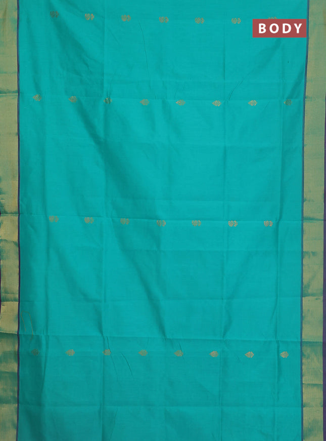 Semi silk cotton saree teal green and purple with zari woven buttas and zari woven border
