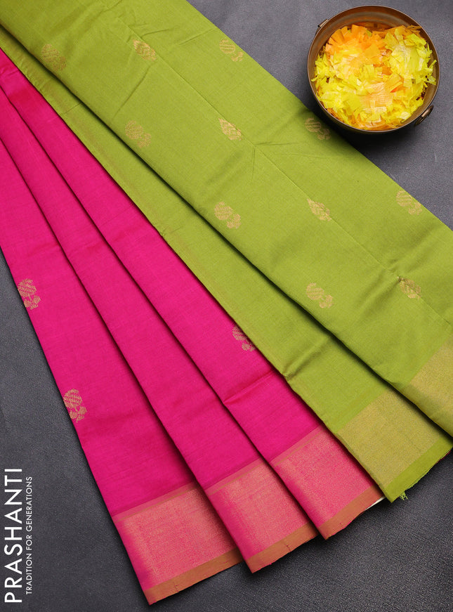Semi silk cotton saree pink and light green with zari woven buttas and zari woven border