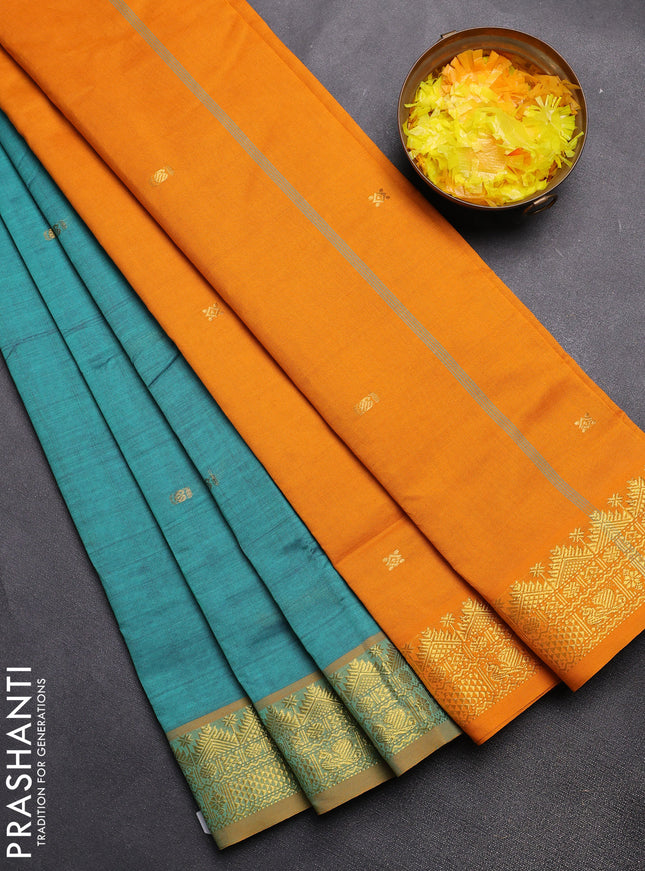 Semi silk cotton saree dual shade of teal green and mango yellow with zari woven buttas and zari woven border