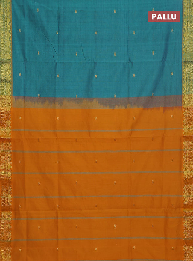 Semi silk cotton saree dual shade of teal green and mango yellow with zari woven buttas and zari woven border