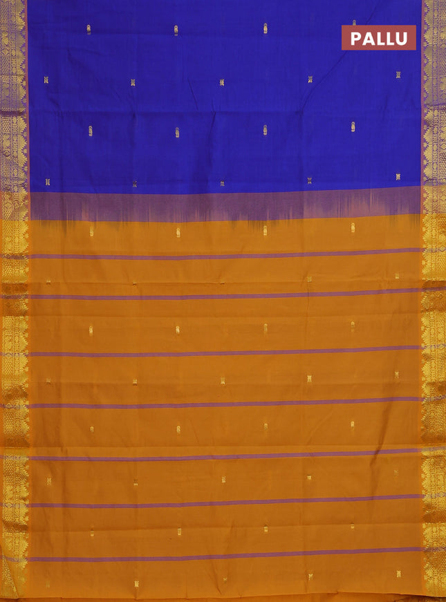 Semi silk cotton saree blue and mango yellow with zari woven buttas and zari woven border