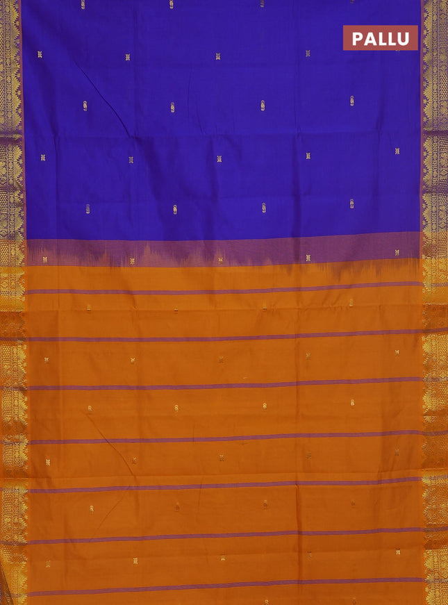 Semi silk cotton saree blue and mango yellow with zari woven buttas and zari woven border
